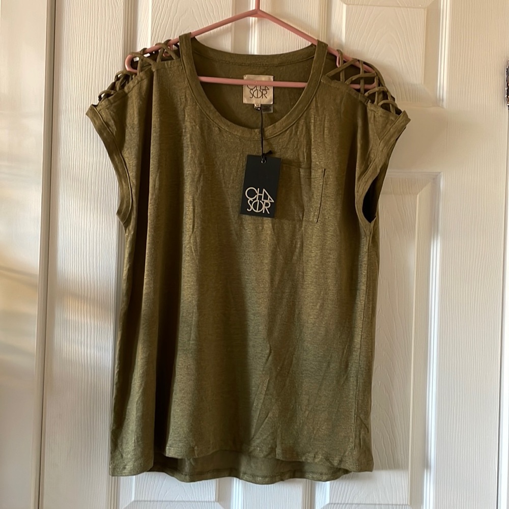 Chaser Olive Green Lattice Shoulder Women's Top
